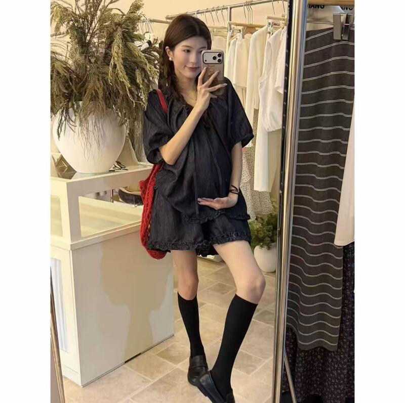 Maternity Shorts Set, Summer Korean-Style Loose-Fitting Polka-Dot Short-Sleeved Top, Stylish and Discreet, a Complete Summer Outfit