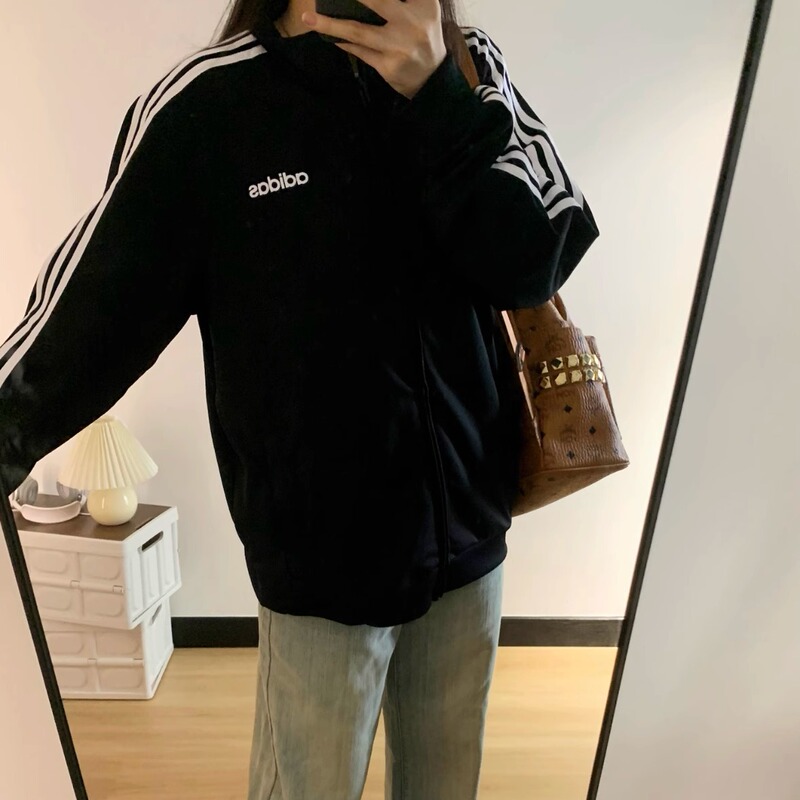[in Stock] Adidas Stand Collar Jacket Sports Retro Striped Unisex Black Korean Version Dq3070