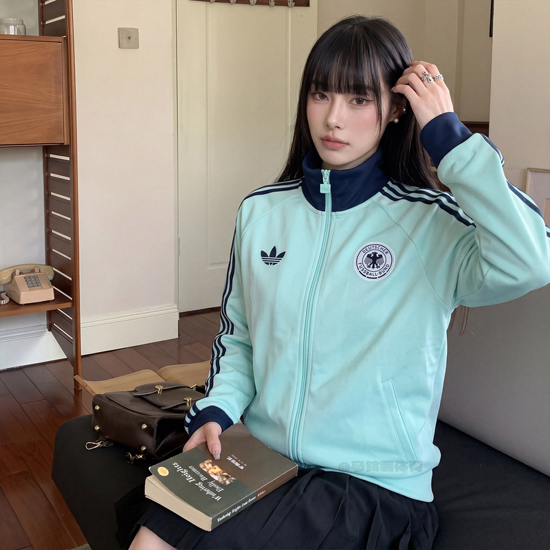 Adidas German Team Retro Football High-Neck Jacket for Men and Women Summer Mint Green New Model Jz9340