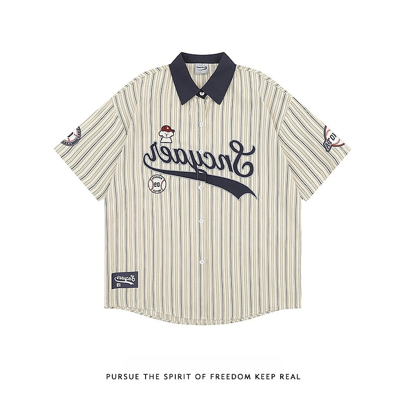 American Retro Baseball Puppy Striped Short-Sleeve Shirt for Men, Trendy Street Style, Summer College Style, Casual Versatile Shirt