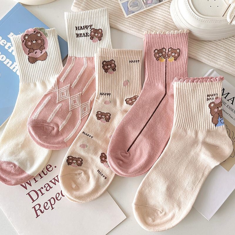 Women's Mid-Calf Socks Versatile Energetic Girl Pink Bear Cute Cartoon Autumn and Winter Girls' Sports Student Mid-Calf Socks