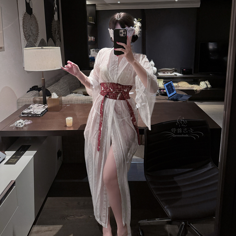 Pure Desire Style Japanese V-Neck Kimono with a Sense of Atmosphere, Semi-Transparent Lace Bathrobe, Long Lace-Up Waist-Cinching Nightgown Pure Desire Style Japanese V-Neck Kimono with a Sense of Atmosphere, Semi-Transparent Lace Bathrobe, Long Lace-Up Waist-Cinching Nightgown