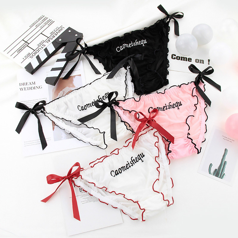 Trendy lace-up embroidery mesh wide ribbon letter sexy lady bow anime two-dimensional girl underwear