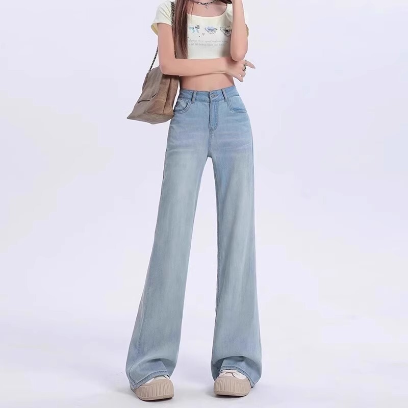 Plus-Size Women's High-Waisted Slimming Straight-Leg Jeans for Girls, Loose Wide-Leg Floor-Length Pants