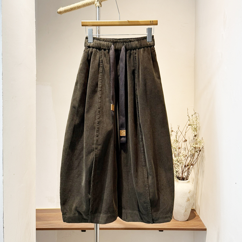 Drawstring Elastic High-Waisted Corduroy Cropped Pants Autumn Pure Cotton Loose Slimming Solid Color Women's Cropped Pants