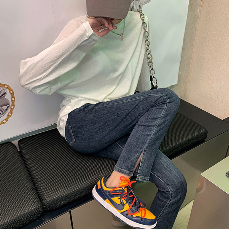 Slit stretch jeans women's high waist show thin cover crotch slightly fat girls wear large size nine-point straight pants all-match