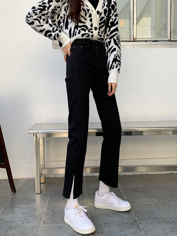 Slit jeans women's 2021 spring and autumn new small loose straight high waist forked wide leg pants