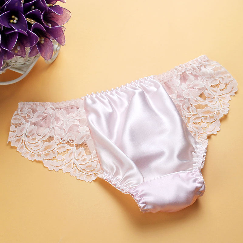 Popular style 100% mulberry silk silk panties women's low waist sexy briefs with lace trim on both sides of the back