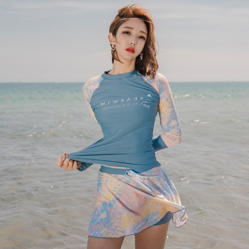 Long sleeve blouse sunscreen with slim movement swimsuit woman two-piece South Korea Ins wind spa swimsuit conservative