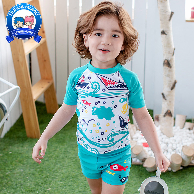 Children's Swimsuit Boy's Split Swimsuit Cute Toddler Baby's Middle Child Spa Sunscreen Quick Dry Blue Ocean