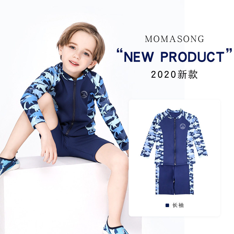 2020 new long-sleeved two-piece sunscreen child swimsuit boy CUHK boy boy camouflares shark speed dry diving suit