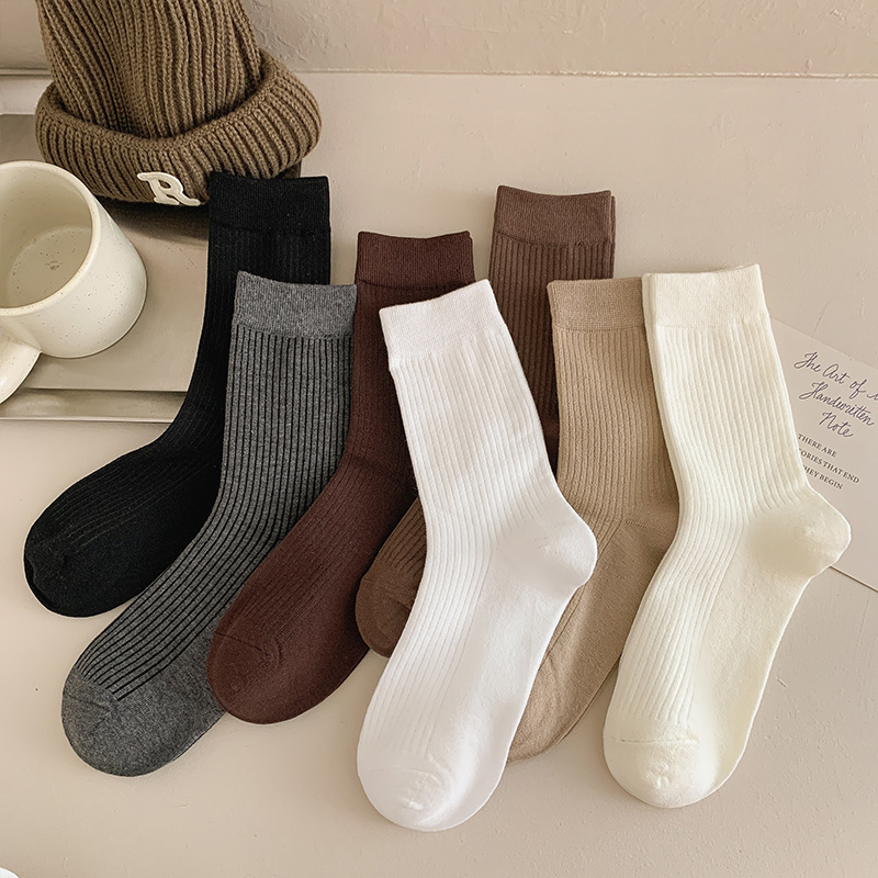 Casual Style Spring and Autumn Mid-Calf Solid Color Cotton Socks ins Korean Trendy Warm Color Simple Versatile Comfortable Long Socks