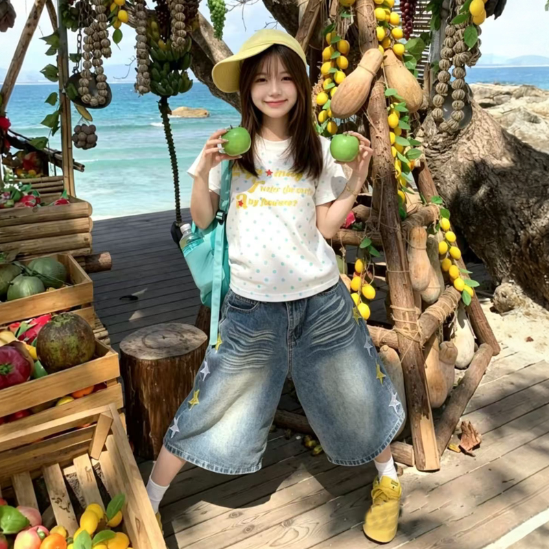 Lazy Style Suit for Women, Summer Short-Sleeved Denim Shorts Two-Piece Set, Petite Hot Girl Korean Style Outfit Complete Set Lazy Style Suit for Women, Summer Short-Sleeved Denim Shorts Two-Piece Set, Petite Hot Girl Korean Style Outfit Complete Set