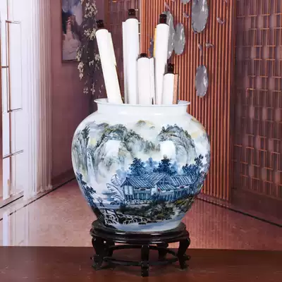 Jingdezhen famous teacher hand-painted ceramic blue and white landscape vase Floor-to-ceiling painting and calligraphy barrel scroll storage cylinder handicraft decoration