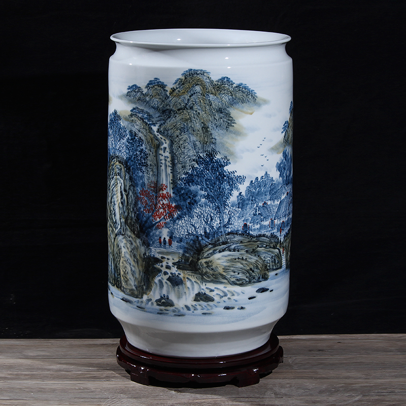 Jingdezhen Ceramics Wang Bin Handdrawn Blue Huangshan Water Flood Vase Book Cartographic Cylinder Household Decoration