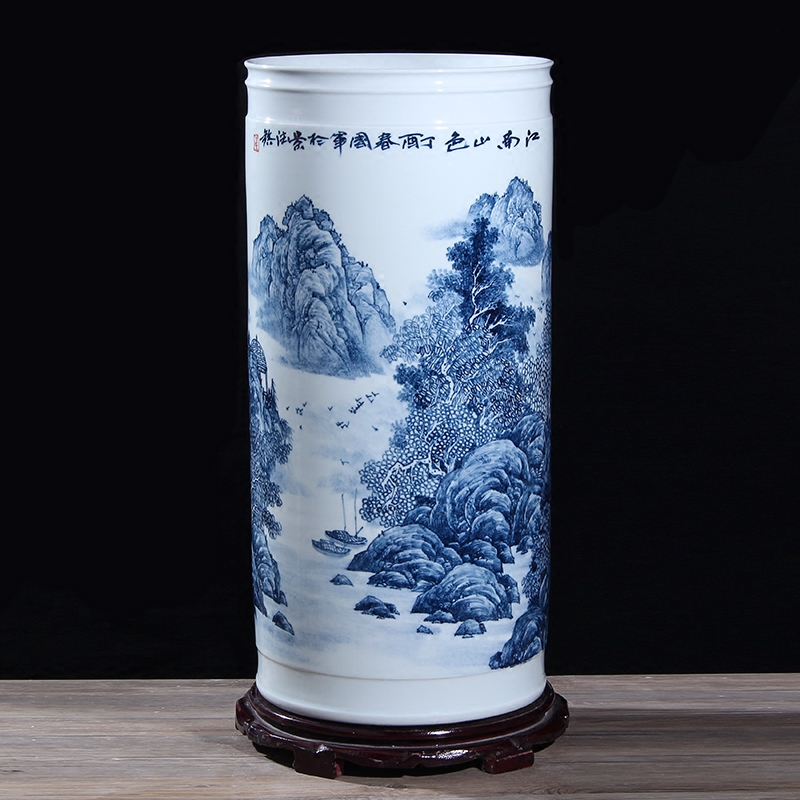 Jingdezhen Ceramic character painting cylinder calligraphy and painting cylinder hand drawing floor large bottle umbrella cylinder minimalist home furnishing pendulum fitting