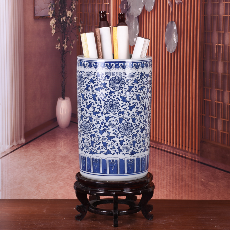 Jingdezhen ceramic vase blue and white porcelain quiver calligraphy and painting barrel scroll cylinder calligraphy and painting storage cylinder living room study decoration
