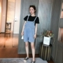 Trang phục bà bầu mùa hè 2019 mới phù hợp với áo sơ mi ngắn tay Hàn Quốc + váy denim quai ngang hai set đồ thủy triều - Áo thai sản đầm bầu công sở