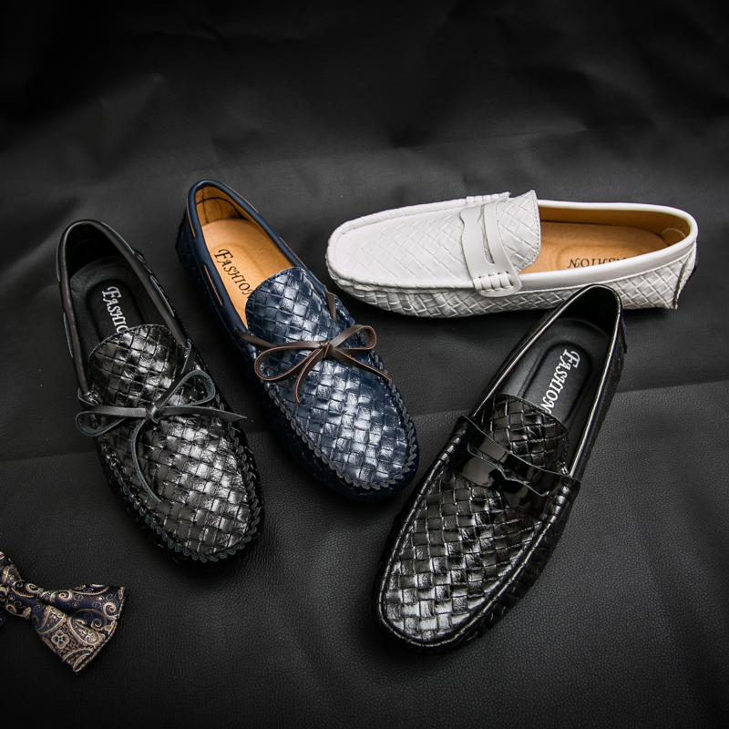 Hong Kong Tide Cards Soft Bottom Breathable Bean Shoes Men's Summer New Set Foot Fashion Weave Sloth Casual Leather Leather leather