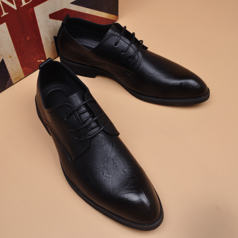 Tide Card Business Casual Pointed Male Leather Shoes Summer Interior Heightening Positive Dress Leather Shoes Lace Soft Leather Breathable Wedding Single Shoes