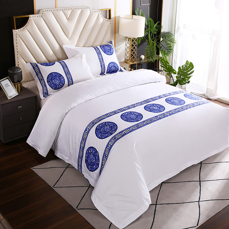 Hotel linen printing four-piece set pure cotton active simple cotton satin dormitory bedding set winter - Taobao