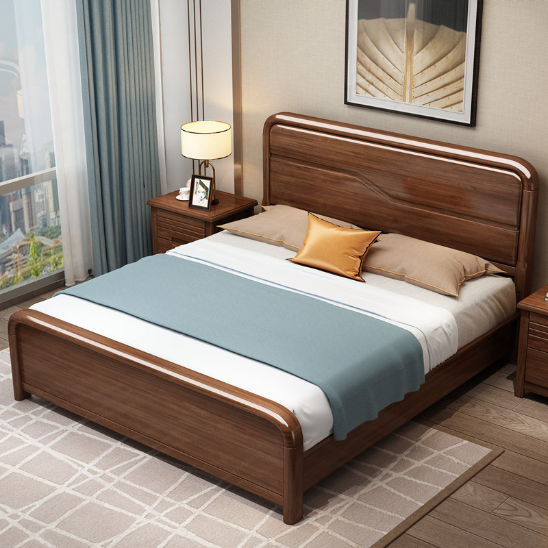 Minimalist modern gold silk walnuts solid wood bed light and luxurious master bedroom with small size bed 1900mm storage high box double bed 