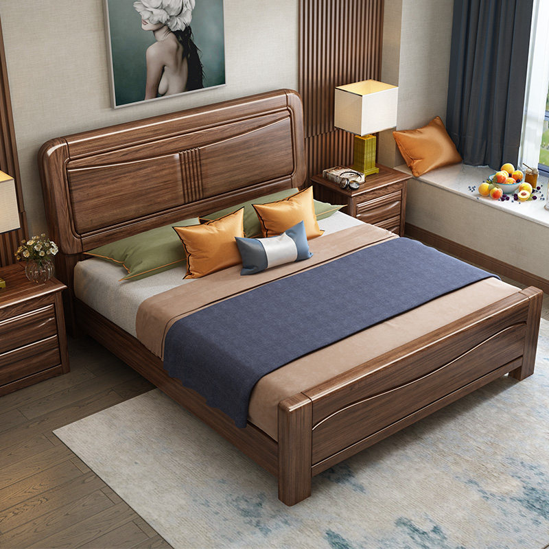 Solid wood bed 1 8 m double bed master bedroom furniture 1 5 m black walnut air pressure structure new Chinese storage wedding bed