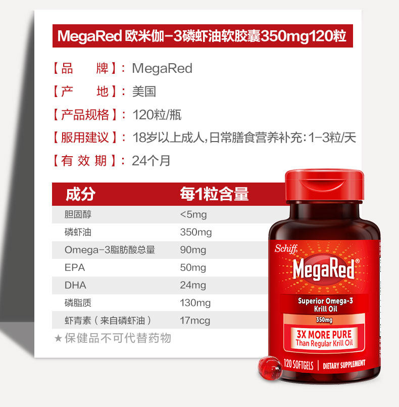 美国产 MegaRed 南极磷虾油胶囊 120粒*3瓶 通血管降三高 图11