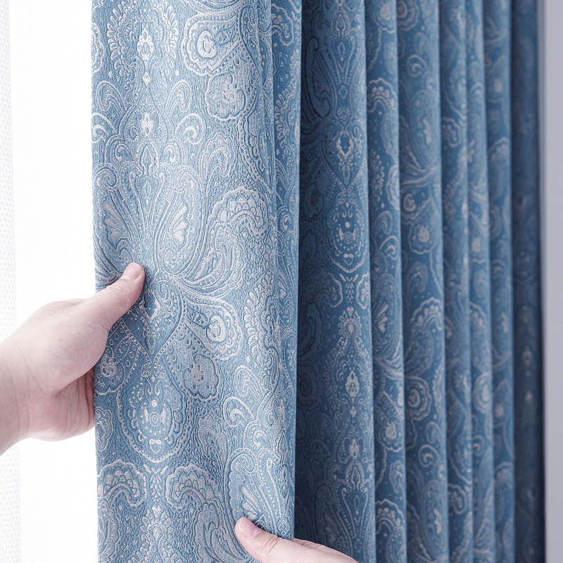 American light luxury style Nordic simple three-dimensional jacquard 2021 new blue living room bedroom blackout curtain customization