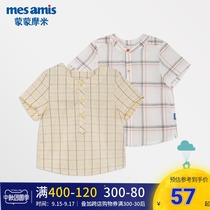 Meng Mumi Shirt Children Mens Short Sleeve Cotton Shirt Little Boy Plaid Print Top Korean Fashion Wear