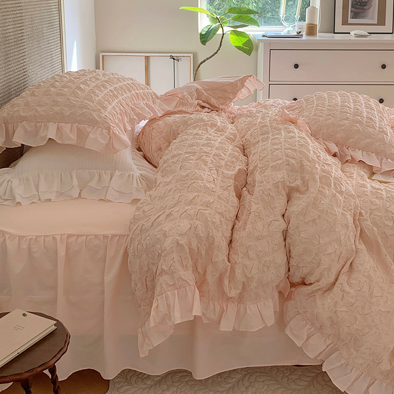 ins bubble yarn pink four pieces all cotton pure cotton bed dress princess wind lotus leaf side washed cotton quilts covered with bed products-Taobao