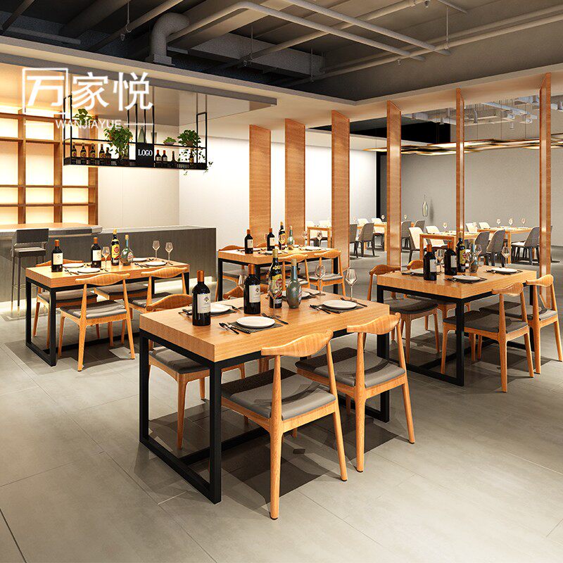 Retro industrial style cafe Western restaurant table and chair combination theme dining room wrought iron solid wood long table one table and four chairs