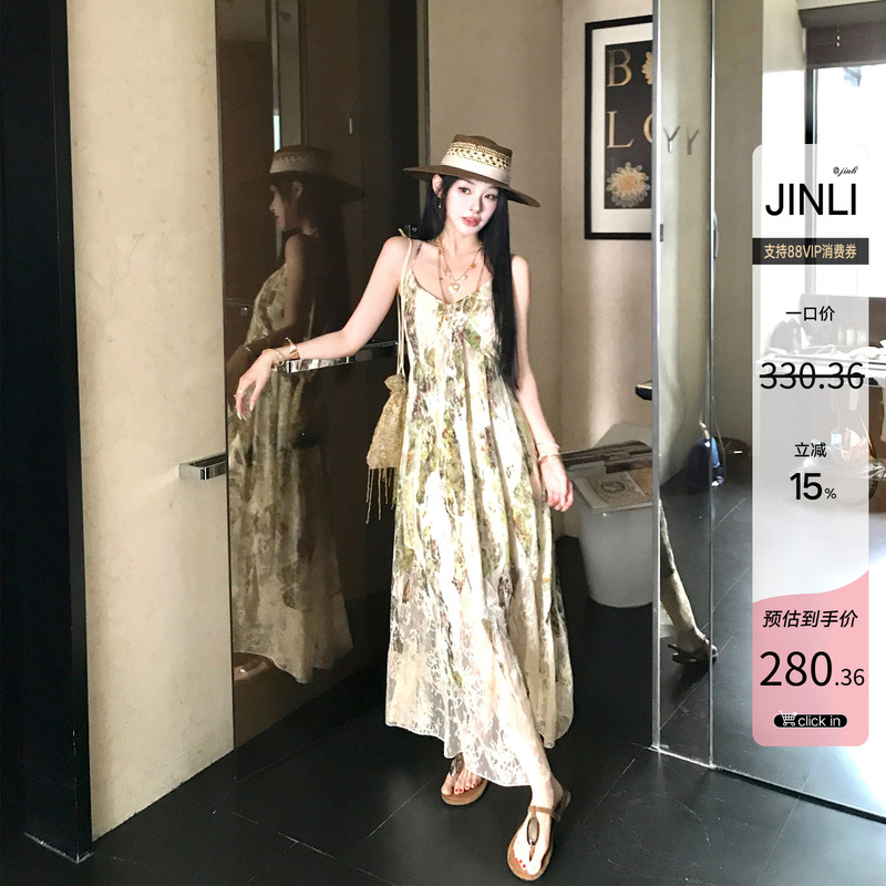 Jinli Jinli Resort-Style Stunning Spaghetti Strap Dress for Women, Backless Summer 2026 New Elegant Green Tencel Long Dress