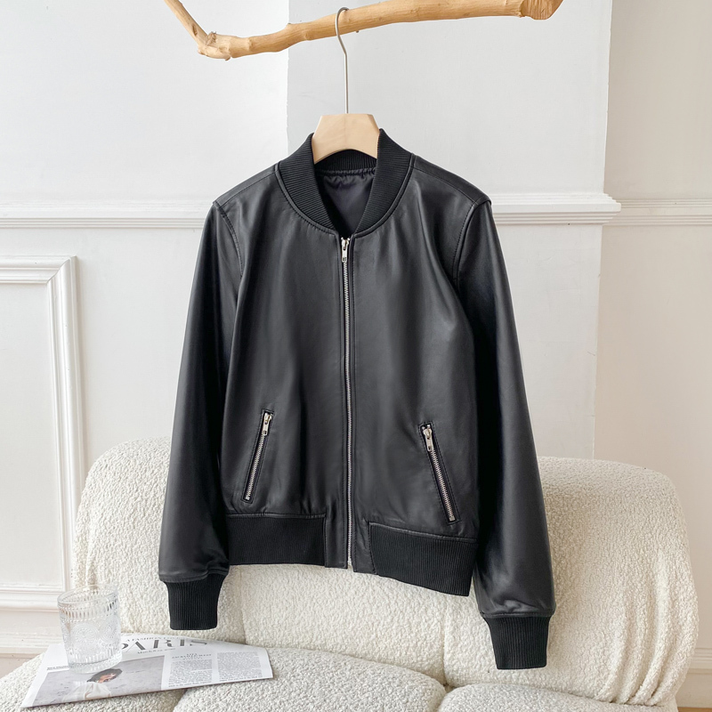 2026 New Sheepskin Leather Jacket for Women, Short Baseball Style, Padded Genuine Leather Jacket for Women, Motorcycle Leather Jacket Coat