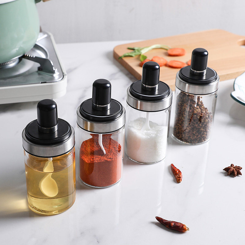 Sherry household spoon lid integrated glass seasoning jar seasoning jar seasoning box with spoon salt jar sauce jar seasoning box