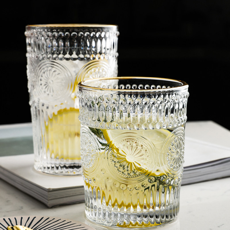 Shery retro embossed gold rim glass wine glass beer glass tea cup cold drink milk tea cup mouthwash tooth cup juice cup