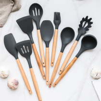 Shery wood handle silica gel high temperature resistant non-stick pan shovel fried vegetable frying broth spoon drain spoon oil brushed baking cooking suit