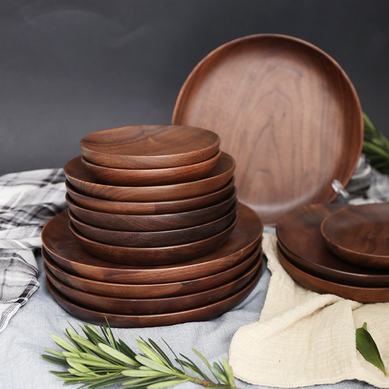 Sherry Day Style Solid Wood Handmade Black Walnuts Disc Creative Disc Fruit Snack Tray Refreshment Fruit Early Dinner Plate