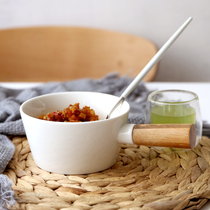 Simple solid color bamboo handle white porcelain breakfast bowl Salad pasta bowl Fruit bowl Dessert bowl Soup bowl Handle bowl