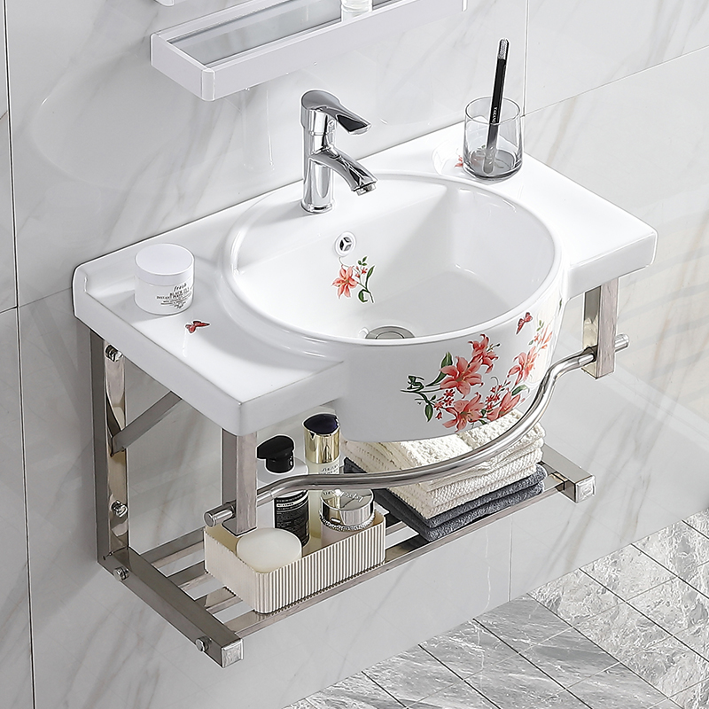 Home Small Household Type Ceramic Washbasin Makeup Room Hanging Wall Style Washbasin Hotel Balcony Stainless Steel Rack Wash