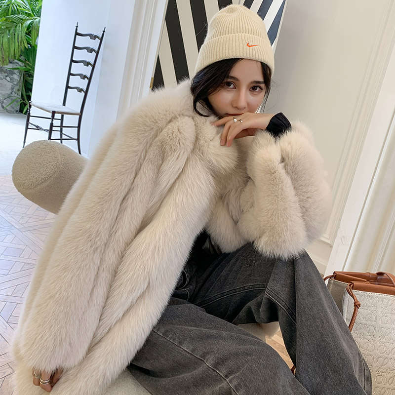 Winter new Korean version loose vertical striped fox fur coat whole leather real fur mid-length fur coat women