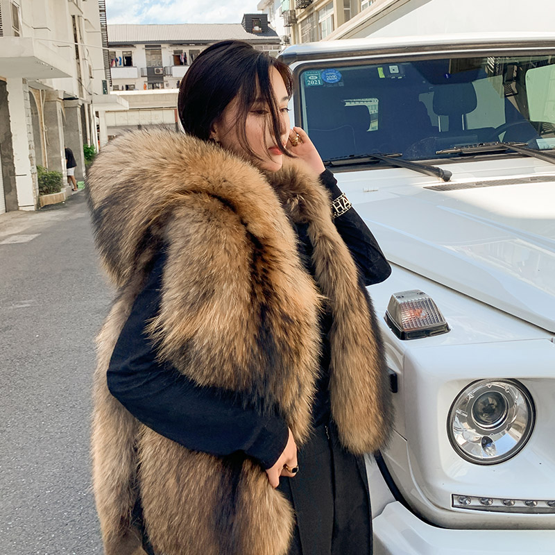 Fried street fashion raccoon fur net red with the same fur vest new young style hooded mid-length jacket female winter tide