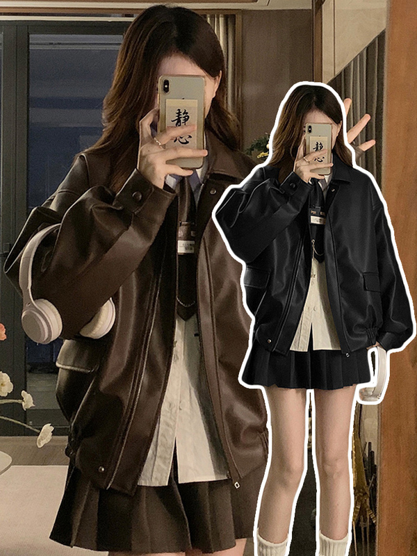 Early Spring and Autumn Korean Style Short Leather Jacket for Petite Women, New Thickened Lamb Wool Baseball Jacket for Early Winter