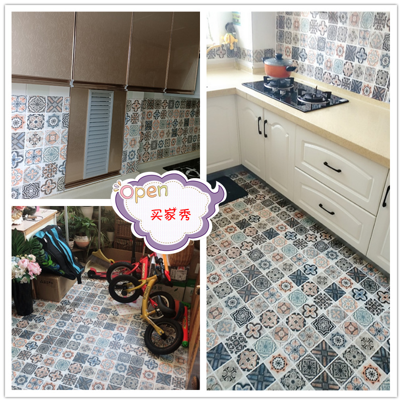 Kitchen powder room self-adhesive floor stickers Waterproof and oil-proof thickened wear-resistant wallpaper Living room bedroom tile floor stickers