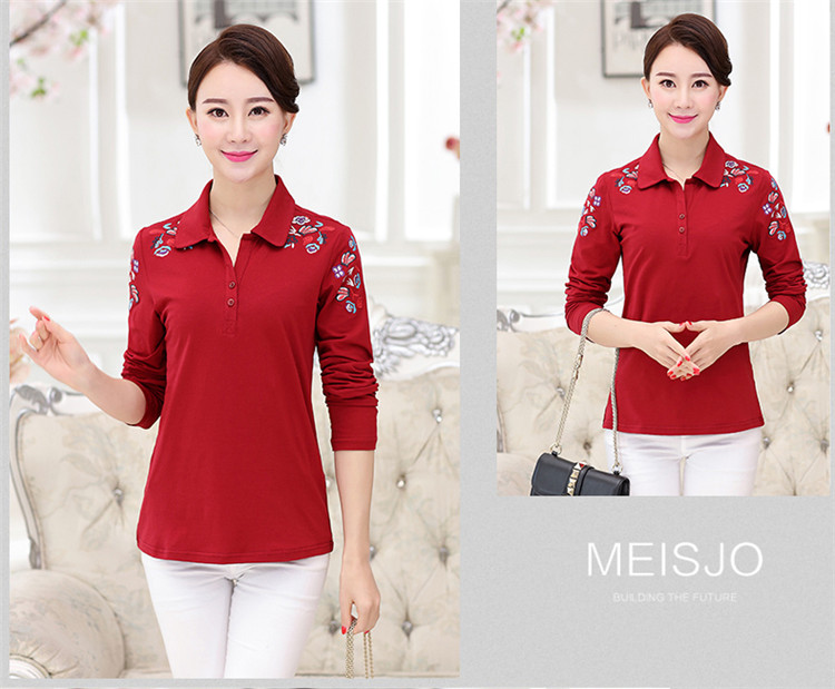 Áo thun nữ mùa xuân thêu hoa dài tay cho mẹ áo sơ mi mùa thu từ dưới lên vest nữ trung niên