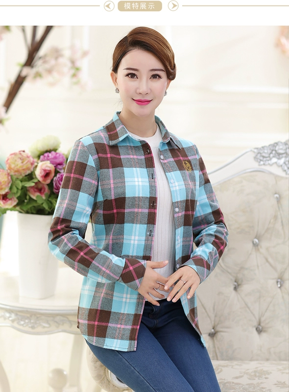 Áo sơ mi nữ trung niên 40-50-60 tuổi Áo sơ mi cotton dài tay cho mẹ trung niên tải áo mùa xuân và mùa thu cỡ lớn - Áo sơ mi dài tay các kiểu áo sơ mi sọc nữ đẹp