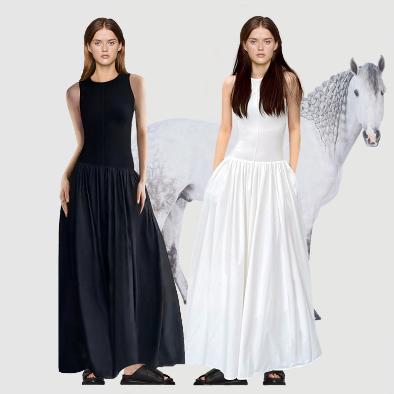 Yi Mengling's Same Style White Elegant Sleeveless Tank Dress for Women, Fitted Waist, Slim Long Vacation Dress