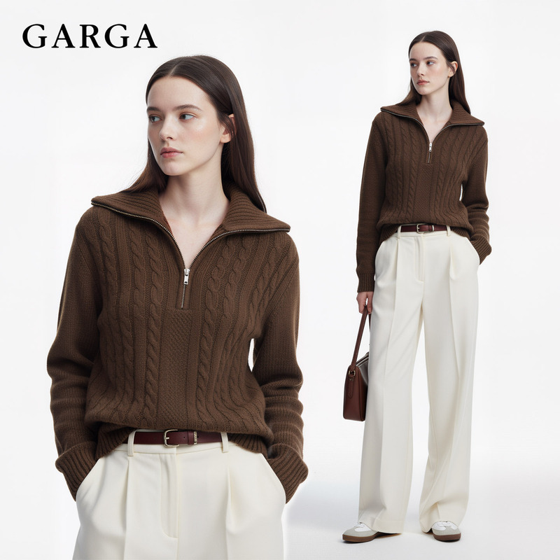Garga Brown Retro Large Lapel Zipper Cable Knit Sweater for Women Pullover High-Fashion Elegant V-Neck Knit Top