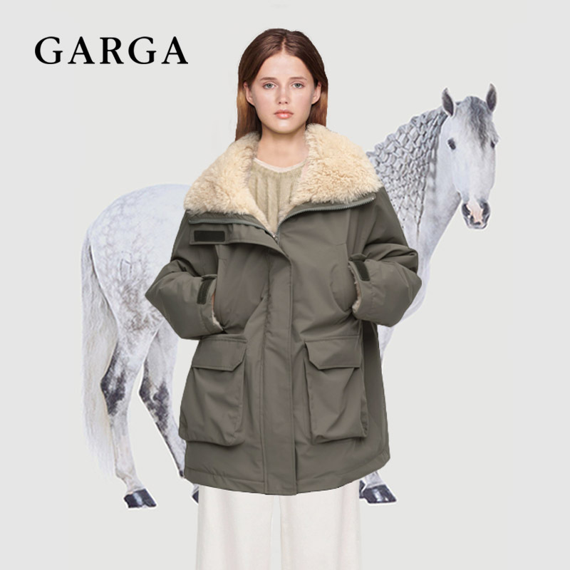 Zhao Lusi Style Army Green Fur Collar Lamb Wool Parka Women's Winter Workwear Jacket Cotton Coat Fur Outerwear