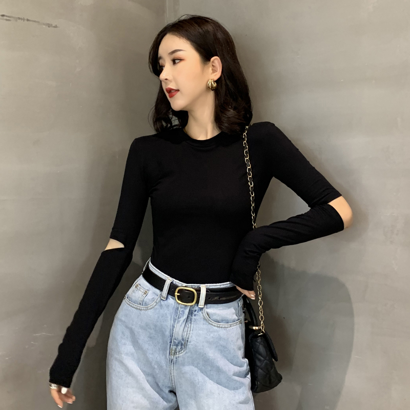 Black Base Shirt for Women, Autumn and Winter, with Ripped Elbow Sleeves, Tight-Fitting Inner Wear, Exposed Elbow, Pure Cotton Long-Sleeve T-Shirt, Trendy Design